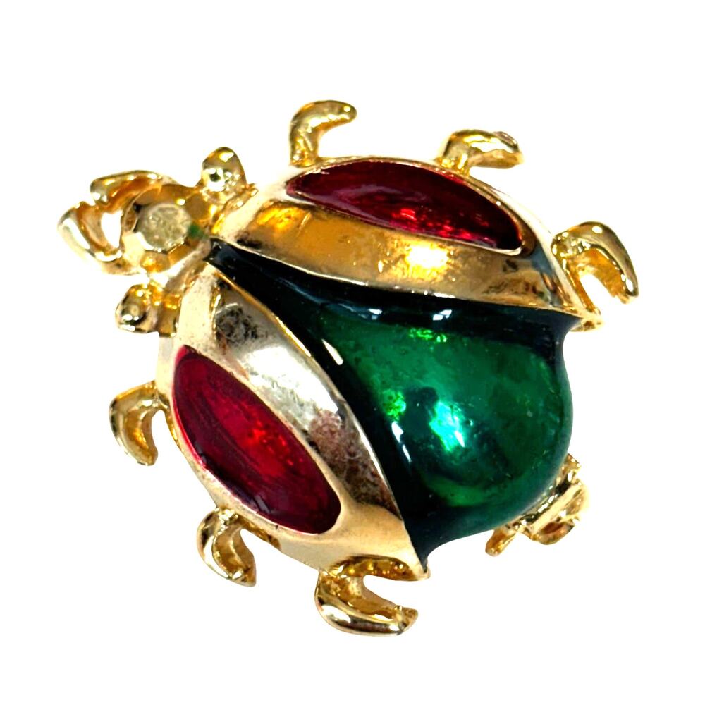 Vintage bug beetle insect brooch gold with red & green enamel finishes fun lapel